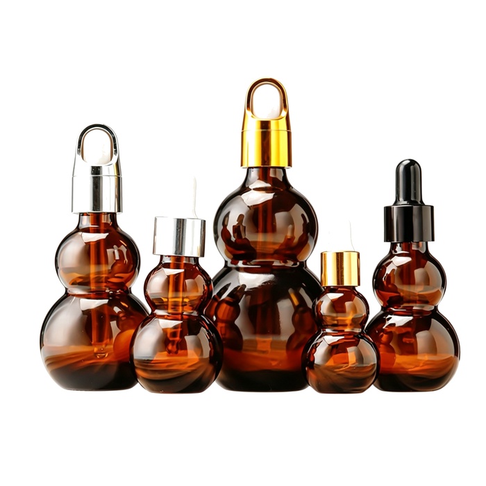 Amber Double Gourd Glass Essential Oil Dropper Bottles, Portable Empty Cosmetic Serum Sample Refillable Vials